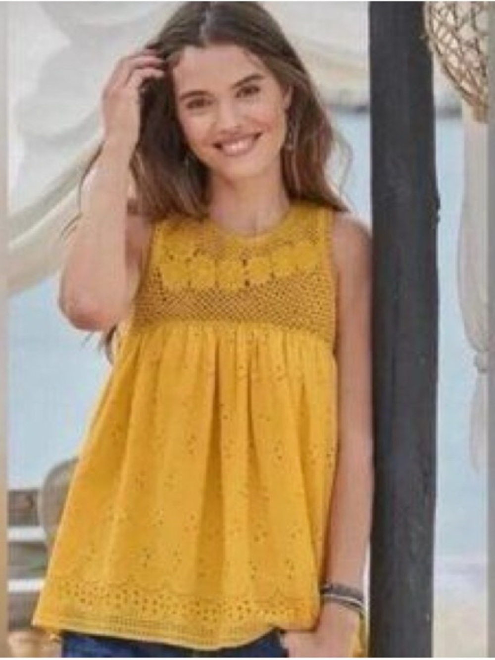 Sundance Marbella Sleeveless Crochet Yoke Eyelet Tank Top - Mustard Yellow Large